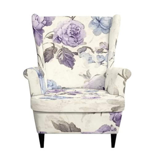 Retro Purple Floral Wingback Chair Cover 2-Piece Slipcover with Elastic Bottom