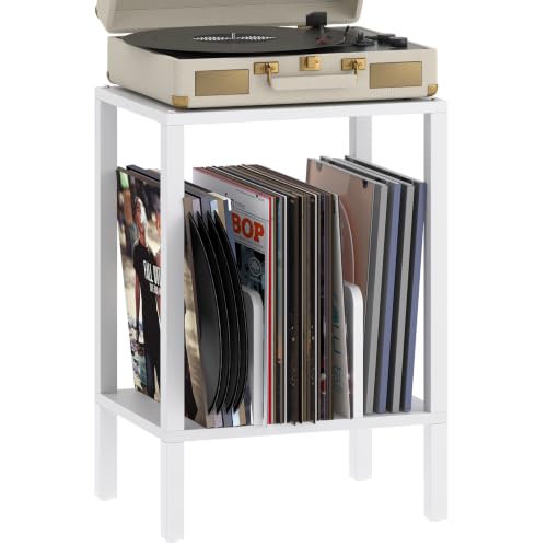 White 2-Tier Record Player Stand with Vinyl Storage - Multi-Functional Side Table