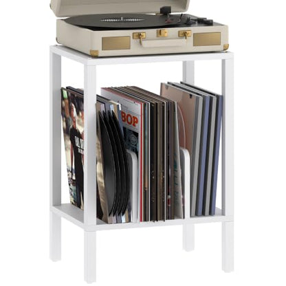 White 2-Tier Record Player Stand with Vinyl Storage - Multi-Functional Side Table