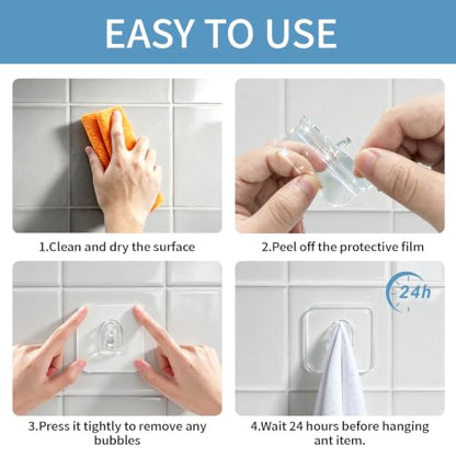 Heavy Duty Waterproof Adhesive Hooks 22 LB Max No Drill Reusable Clear Wall Hooks - 20 Pack