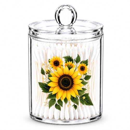 Sunflower Cotton Swab Holder with Lid - Clear Acrylic Apothecary Jar