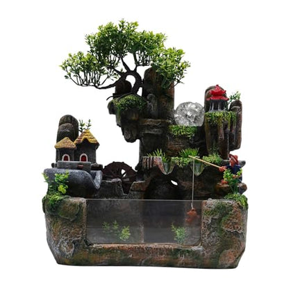 LED Desktop Fountain Waterfall Bonsai Decor with Light & Mist