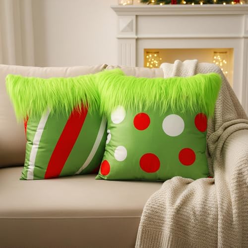 Christmas Green Faux Fur Pillow Covers Set - 18x18 Inches, Vivid