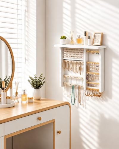 Lolalet Wall Mounted Jewelry Organizer - White Wooden Necklace and Earring Storage