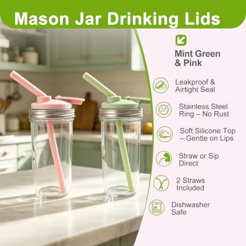 Wide Mouth Mason Jar Pour Spout Lids with Silicone Straws - 2 Pack