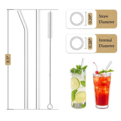 Piteno® 16-Pack Reusable Glass Straws, Clear Glass Drinking Straws, 8.5''x10MM, Set of 6 Straight and 6 Bent with 4 Cleaning Brushes, Perfect for Smoothies, Milkshakes, Juice, Tea