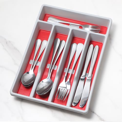 CherHome Silverware Organizer with Cutlery Icons，Silverware Tray for Kitchen Drawer，Plastic Flatware Tableware Silverware Drawer Organizer Utensil Organizer with Non-slip TPR Linings，5-Compartment