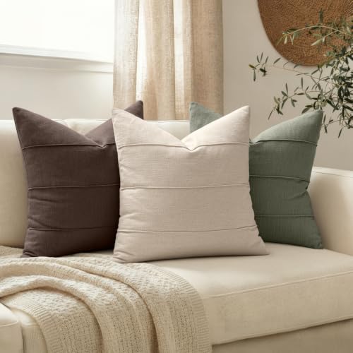 20x20 Linen Throw Pillow Covers Set of 2 Natural Beige Striped Rustic Decor