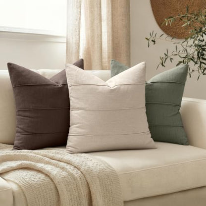 20x20 Linen Throw Pillow Covers Set of 2 Natural Beige Striped Rustic Decor
