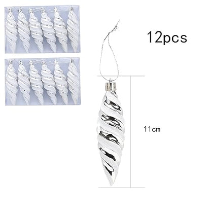 DAHI Silver Christmas Spiral Ornaments Set 12pcs Shatterproof Plastic Holiday Decor