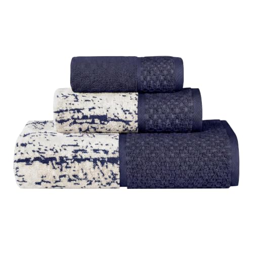 Navy Blue Ivory Jacquard Cotton 3-Piece Bathroom Towel Set - Superior