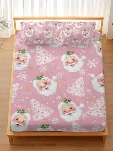 Christmas Santa Claus Xmas Tree Fitted Bed Sheet King Pink Variation
