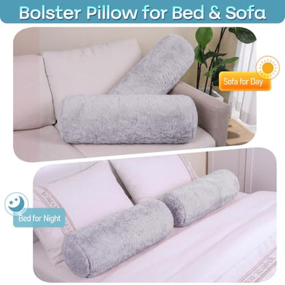 Grey Faux Fur Body Pillow Bolster Set 24x7.87 Inches for Couch & Bed