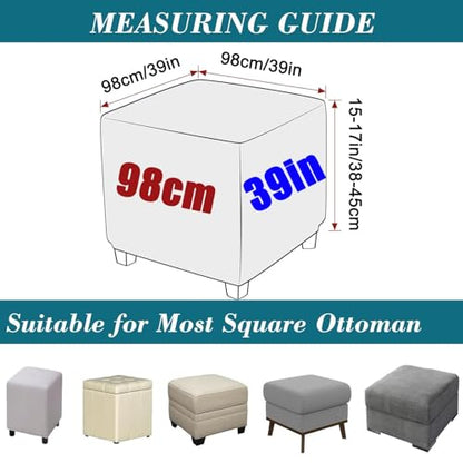 Beige Waterproof Square Ottoman Cover Stretch Jacquard Footstool Slipcover 39x39in