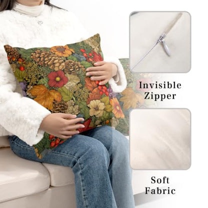 Autumn Woodland Floral Throw Pillow Covers Set of 2 - 18x18 Inch Fall Leaf Cushion Cases for Home Decor
