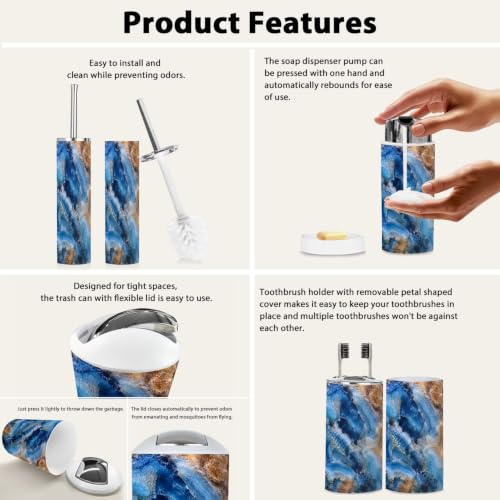 Bathroom Accessory Set 6PCS Blue Agate Mineral Layered Crystalline Pattern Multi3