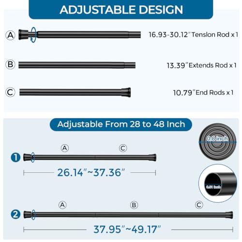 Black Spring Tension Curtain Rod 28-48 Inches 4 Pack No Drill Adjustable