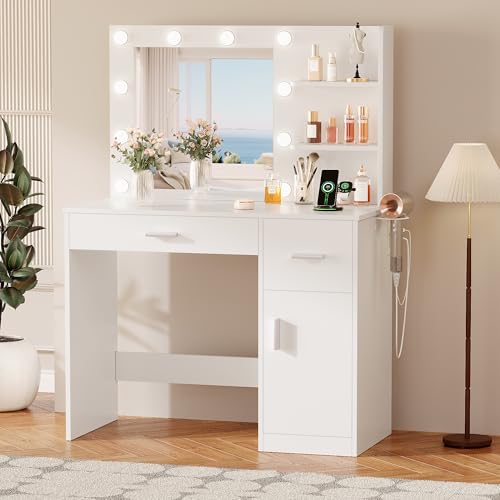 YesHom y 35.4" Vanity Desk with Mirror & Lights, USB-C/USB-A Ports, 2 Drawers & 1 Cabinet, Clean White