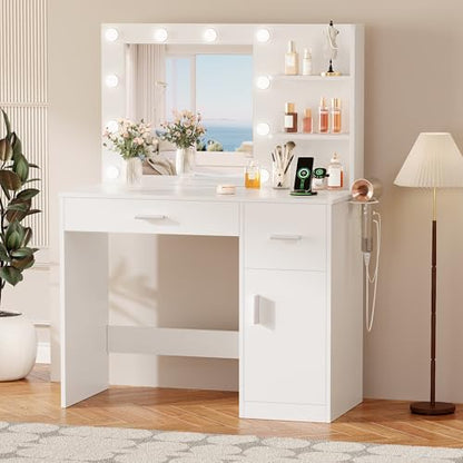 YesHom y 35.4" Vanity Desk with Mirror & Lights, USB-C/USB-A Ports, 2 Drawers & 1 Cabinet, Clean White