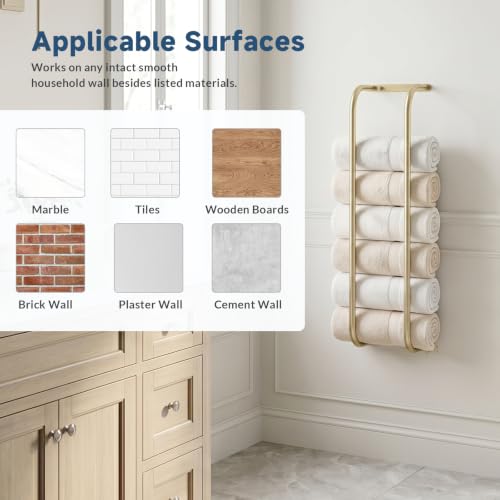 Wall Mounted Towel Rack with Hooks - Brushed Gold Finish for Bathroom