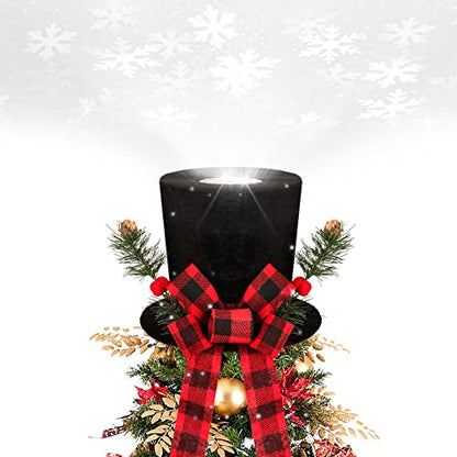 Lighted Christmas Tree Topper Hat with Snowflake Projector Black Velvet Bowler