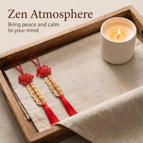 2PCS Feng Shui Five Emperor Coins with Red Knot Tassel - Wealth & Good Luck Charm for Cars, Doors, Living Rooms, Cabinets, Office Decor - Variation: 2pcs Hanging Tassel