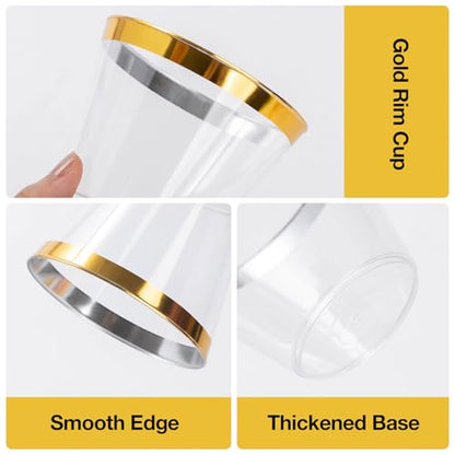 Gold Plastic Cups 9oz Disposable Party Cups - 200 Pack, Gold Rim