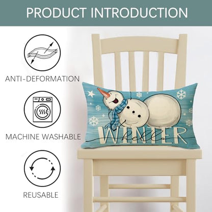 Hello Winter Snowman Blue Lumbar Throw Pillow Cover 12x20 Pack of 4