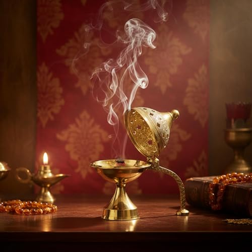 Brass Dhoop Dani Incense Holder with Handle for Puja 4.5 x 4 - Traditional Temple Decor