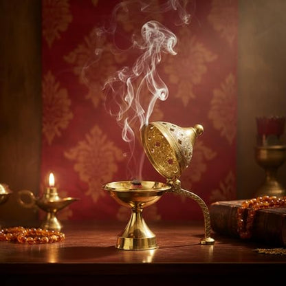 Brass Dhoop Dani Incense Holder with Handle for Puja 4.5 x 4 - Traditional Temple Decor