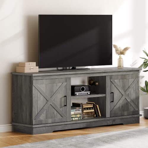 65-Inch TV Stand with Barn Doors and Adjustable Shelf, Rustic Grey - 59" without Fireplace