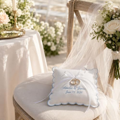 Personalized Wedding Ring Pillow with Embroidery & Scalloped Edge