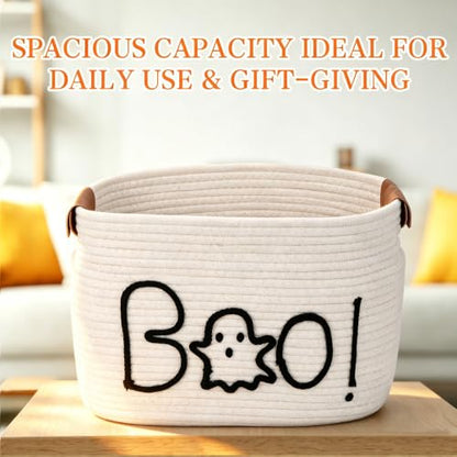 Halloween Ghost Woven Rope Basket with Handles - Spooky Decorative Storage Bin