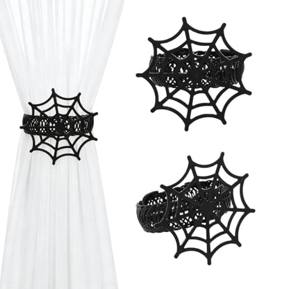 Halloween Spider Web Curtain Tiebacks - Black Gothic Drapes Decor, 2 Pack