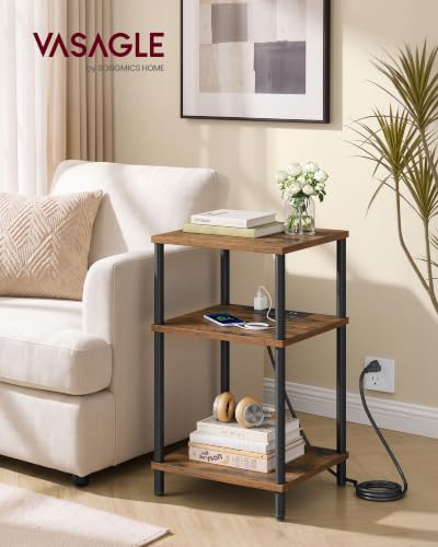 VASAGLE Rustic Brown & Ink Black 3-Tier Side Table with Charging Station