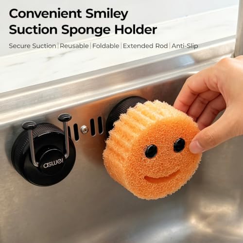 Black Smiley Face Sponge Holder for Kitchen Sink with Heavy-Duty Suction Cup