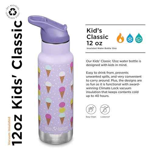 Klean Kanteen 12 oz Classic Kid's Insulated Water Bottle with Flip Seal Sport Cap - 100% Leakproof Cap - BPA-Free - Stainless Steel Material - Ice Cream