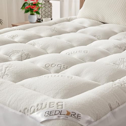 BEDLORE Twin Mattress Topper Viscose Derived from Bamboo, Thick Pillow Top Mattress Pad with Stretchable Pockets for 6-15 inches Mattress, Soft Breathable Mattress Topper for Back Pain Relief