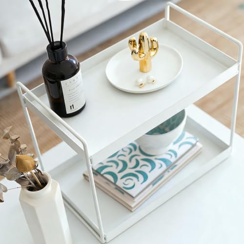 2 Tier Bathroom Counter Organizer Vanity Storage Shelf White - KINGBERWI