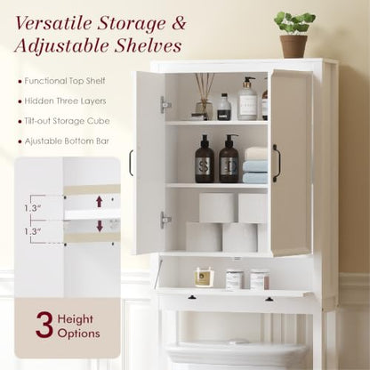 Over The Toilet Storage Cabinet with Doors and Tilt-Out Cube - White