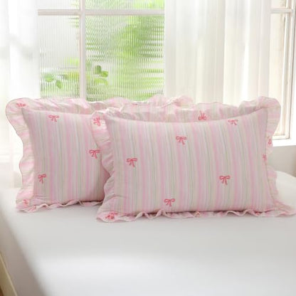 Pink Striped Bow Queen Duvet Cover Set with Ruffles - Romantic Bedding