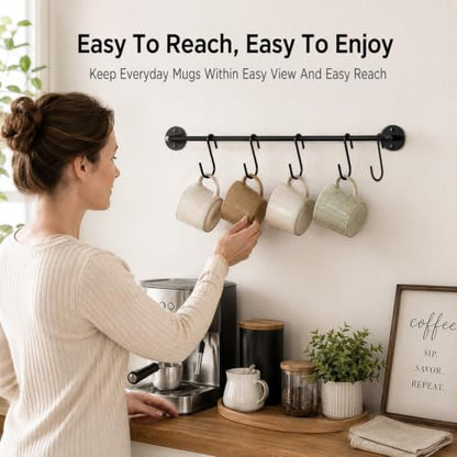 Wall Mounted Coffee Mug Holder Rack with 5 Hooks - Black Metal Kitchen Organizer - Variation 1