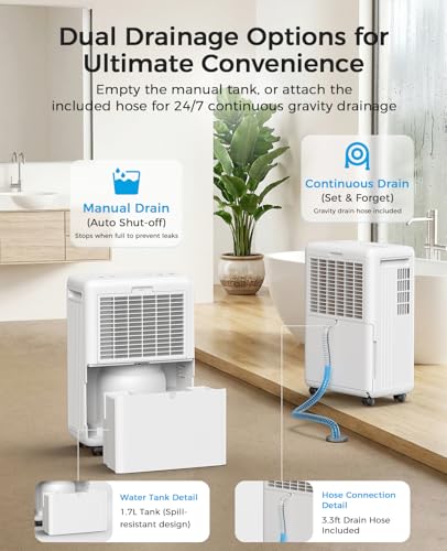 30 Pint Dehumidifier for Basement with Drain Hose - Covers Up to 2000 sq.ft - Moisture Control