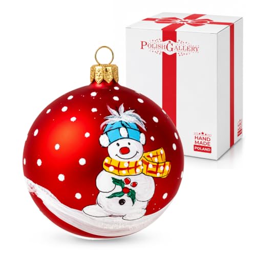 Hand Blown Glass Christmas Ornament Ball - Snowman & Mistletoe Red 3 Inch - Variation of Red / 80mm / 3inch