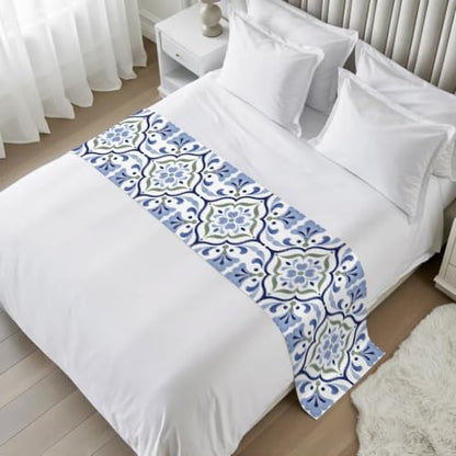 Queen Bed Runner Satin Majolica Print Blue Green Decorative 83x20 with Variation Blue & Slate Blue