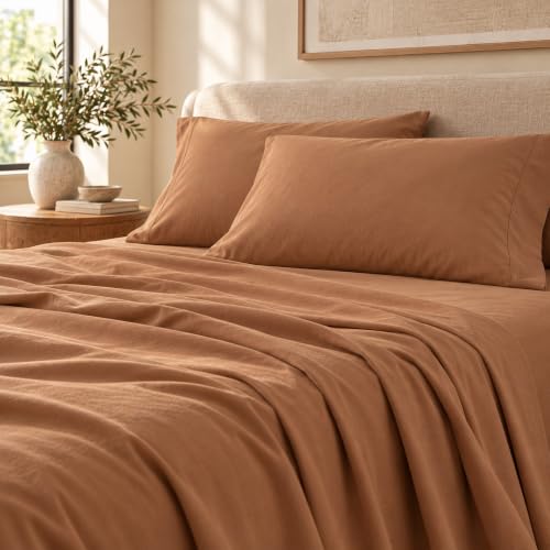 Queen Size Flannel Sheet Set - Solid Adobe, 100% Turkish Cotton, Double-Brushed, Cozy Winter Bedding