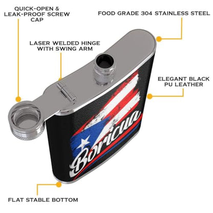 Puerto Rico Flag Flask 8oz for Liquor with Leather Cover Style 5