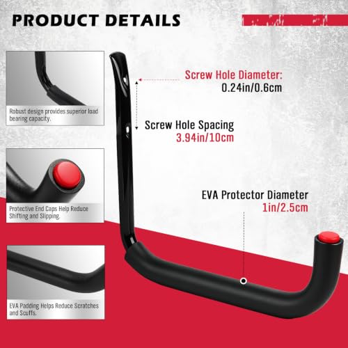 Heavy Duty Garage Wall Hooks Set - 6 Steel Utility Hangers with EVA Padding for Bikes, Ladders, Hoses, Tools