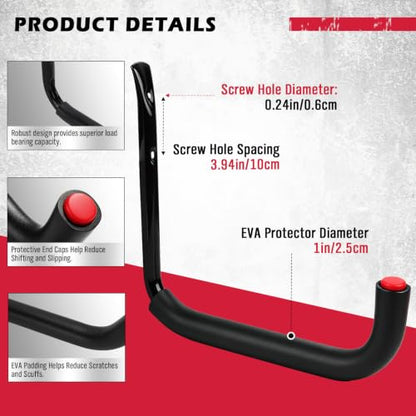 Heavy Duty Garage Wall Hooks Set - 6 Steel Utility Hangers with EVA Padding for Bikes, Ladders, Hoses, Tools