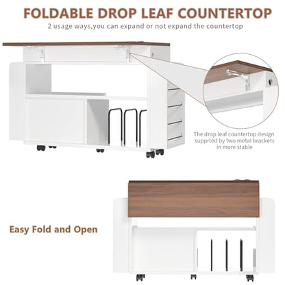 White Gift Wrap Storage Cart with Foldable Drop Leaf and Craft Organizer